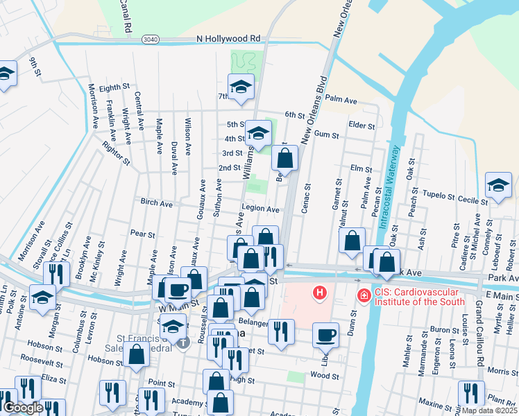 map of restaurants, bars, coffee shops, grocery stores, and more near 599 Legion Avenue in Houma