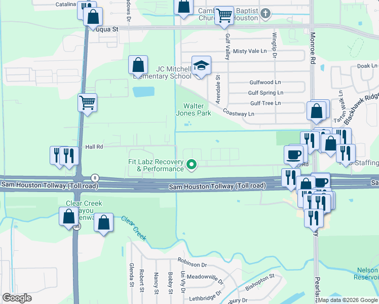 map of restaurants, bars, coffee shops, grocery stores, and more near 11206 Hall Pines Court in Houston