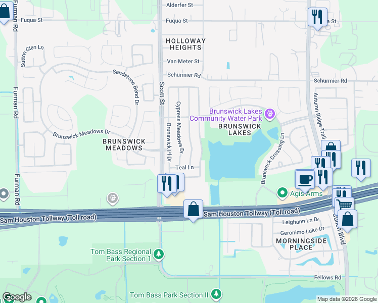 map of restaurants, bars, coffee shops, grocery stores, and more near 14406 Merganser Drive in Houston