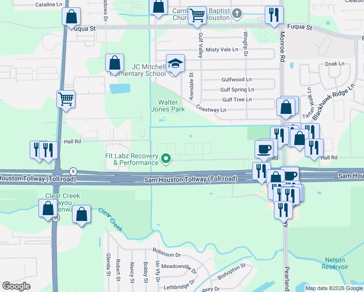 map of restaurants, bars, coffee shops, grocery stores, and more near 11214 Hall Ranch Court in Houston
