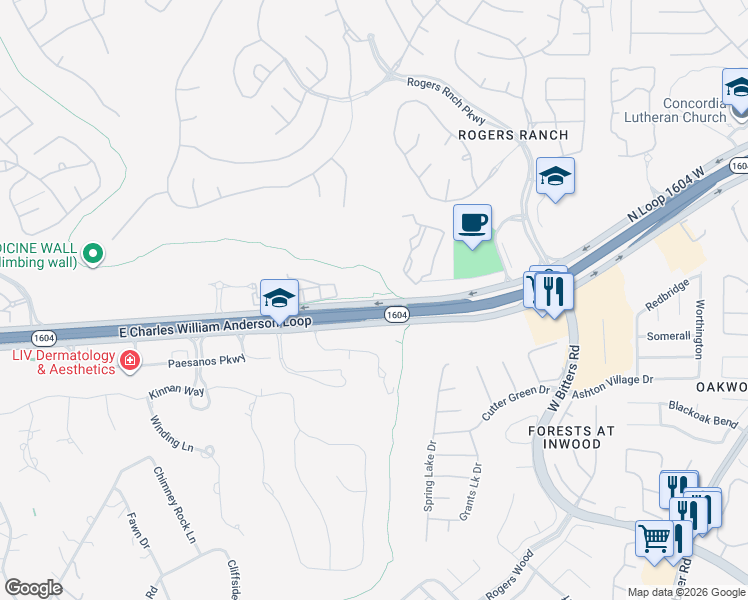 map of restaurants, bars, coffee shops, grocery stores, and more near 3220 North Loop 1604 West in Shavano Park