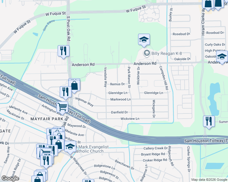 map of restaurants, bars, coffee shops, grocery stores, and more near 5150 Glenridge Lane in Houston
