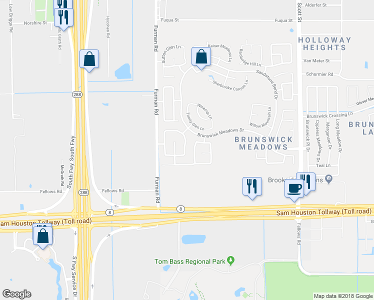 map of restaurants, bars, coffee shops, grocery stores, and more near 14415 Brunswick Point Lane in Houston