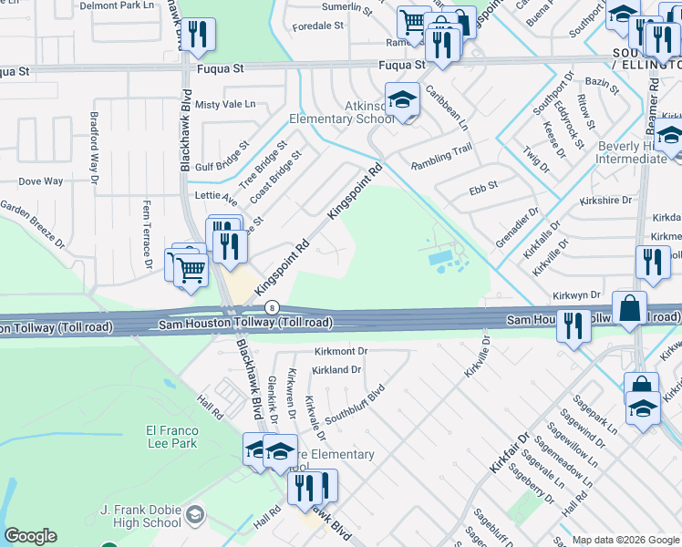 map of restaurants, bars, coffee shops, grocery stores, and more near 11239 Valley Kings Drive in Houston