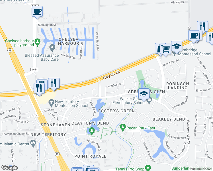 map of restaurants, bars, coffee shops, grocery stores, and more near 5807 Wilkins Lane in Sugar Land