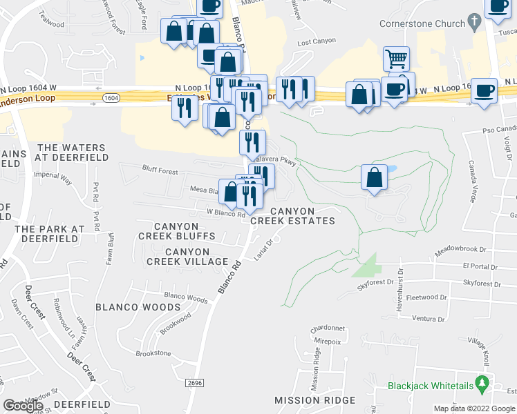 map of restaurants, bars, coffee shops, grocery stores, and more near 101 Country Club Lane in San Antonio