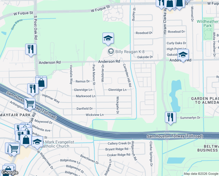 map of restaurants, bars, coffee shops, grocery stores, and more near 4926 Glenridge Lane in Houston