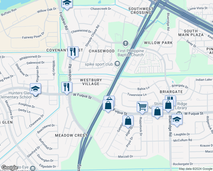 map of restaurants, bars, coffee shops, grocery stores, and more near 7609 Jonathan Court in Missouri City