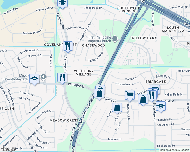 map of restaurants, bars, coffee shops, grocery stores, and more near 7609 Jonathan Court in Missouri City