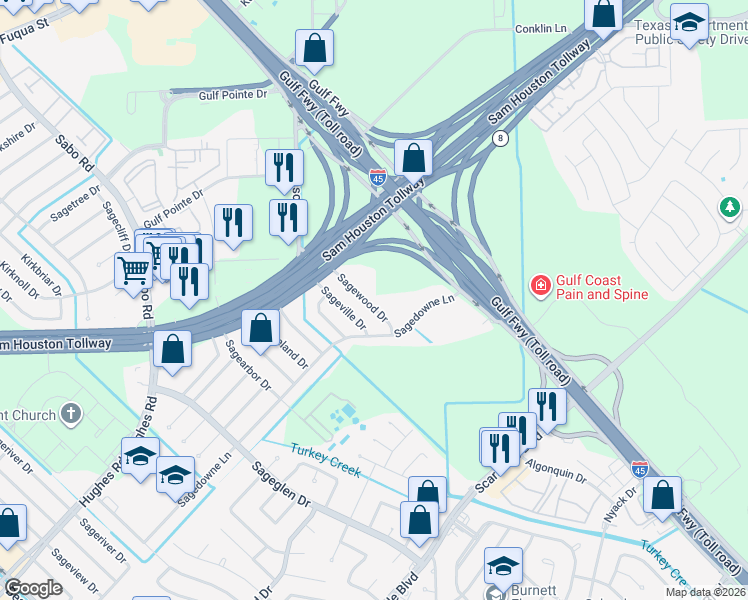 map of restaurants, bars, coffee shops, grocery stores, and more near 11307 Sagewood Drive in Houston