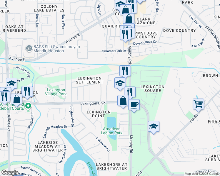 map of restaurants, bars, coffee shops, grocery stores, and more near 3955 Lexington Manor Court in Missouri City