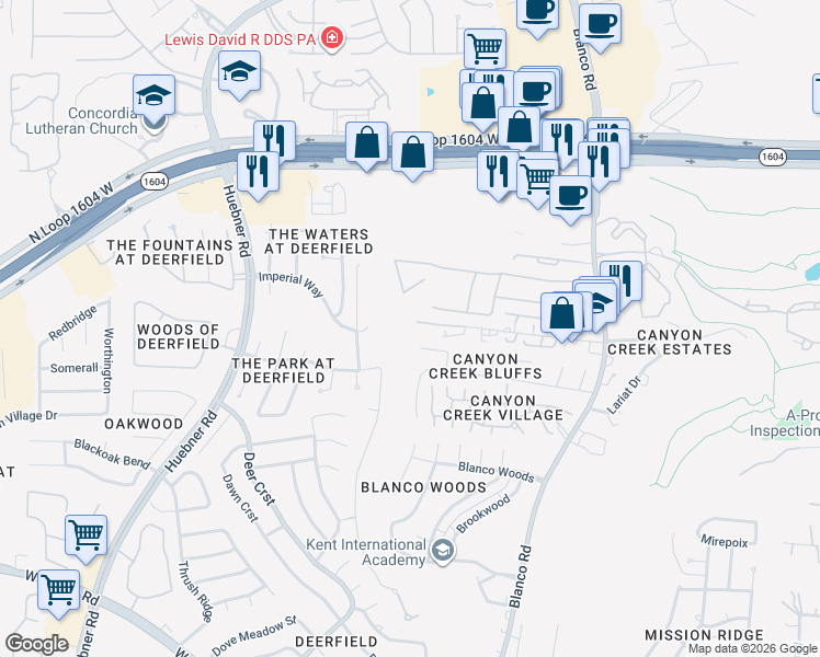 map of restaurants, bars, coffee shops, grocery stores, and more near 1348 West Blanco Road in San Antonio