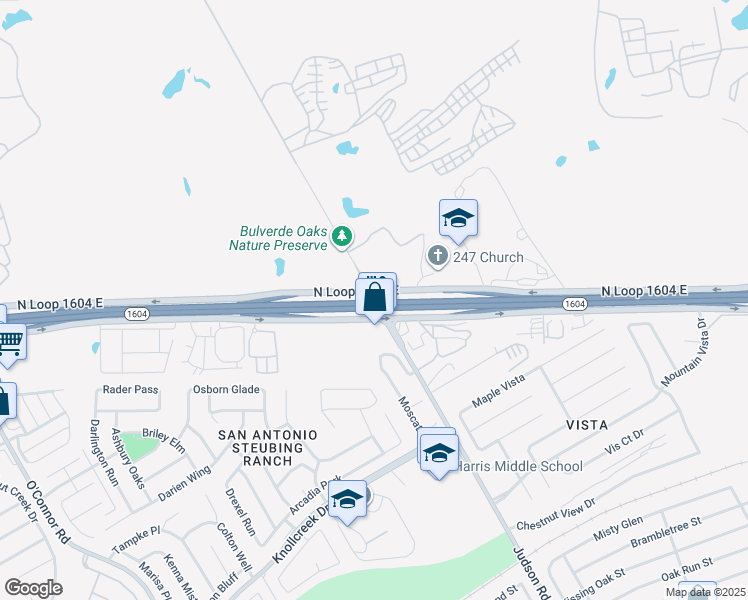 map of restaurants, bars, coffee shops, grocery stores, and more near 17593 Judson Road in San Antonio