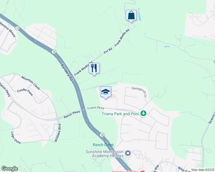 map of restaurants, bars, coffee shops, grocery stores, and more near 17110 Bandera Road in Helotes