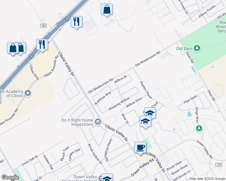 map of restaurants, bars, coffee shops, grocery stores, and more near 157 North Willow Way in Cibolo