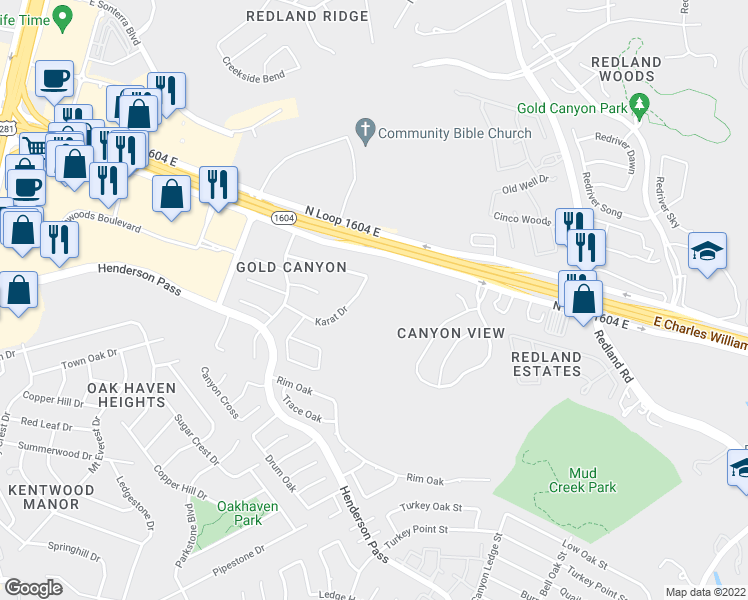 map of restaurants, bars, coffee shops, grocery stores, and more near 2502 Karat Dr in San Antonio
