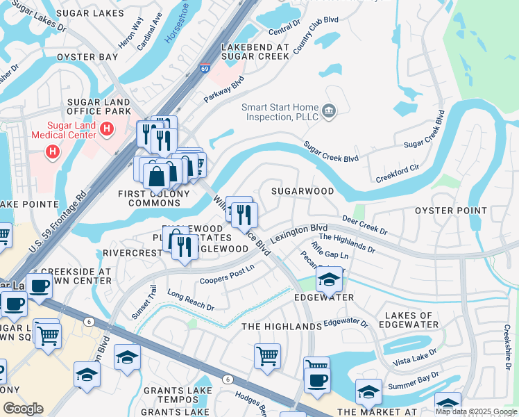 map of restaurants, bars, coffee shops, grocery stores, and more near 1714 Overland Pass Drive in Sugar Land