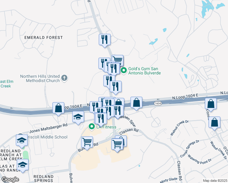 map of restaurants, bars, coffee shops, grocery stores, and more near 17702 Bulverde Road in San Antonio
