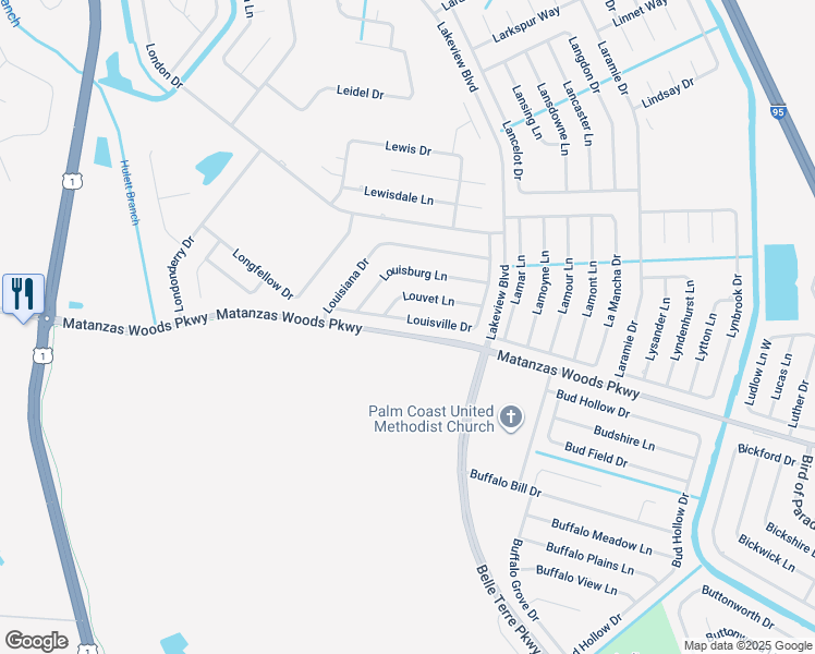 map of restaurants, bars, coffee shops, grocery stores, and more near 24 Louisville Drive in Palm Coast