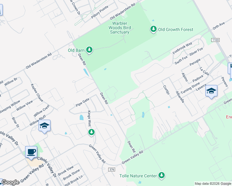 map of restaurants, bars, coffee shops, grocery stores, and more near 217 White Trail in Cibolo