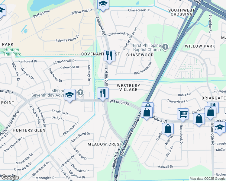 map of restaurants, bars, coffee shops, grocery stores, and more near 7733 Ellis Drive in Missouri City