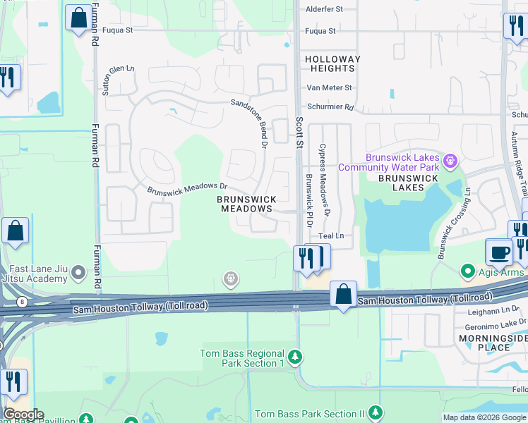 map of restaurants, bars, coffee shops, grocery stores, and more near 3319 Victorian Manor Lane in Houston
