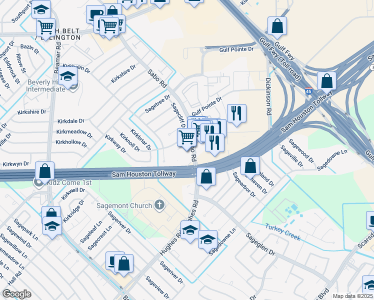map of restaurants, bars, coffee shops, grocery stores, and more near 12132 Sabo Road in Houston