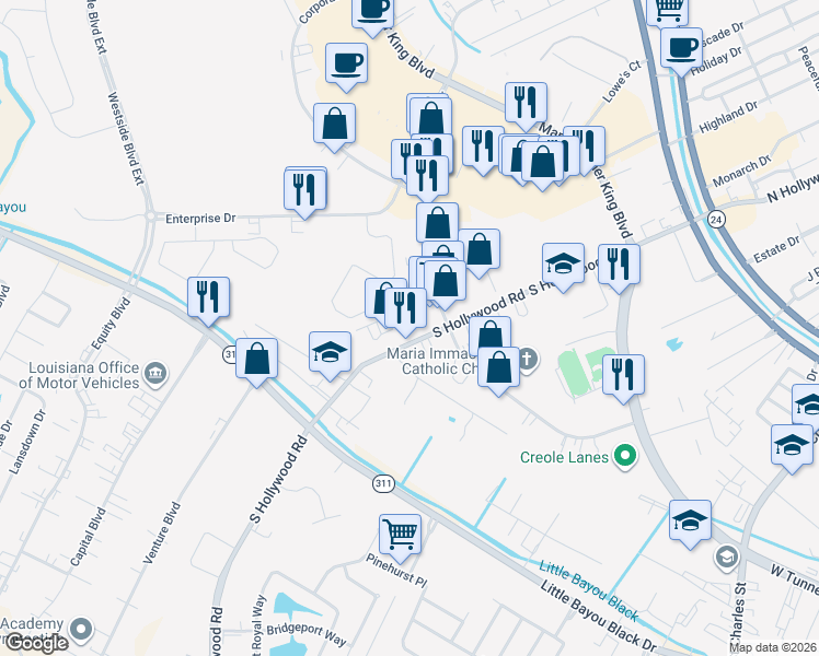 map of restaurants, bars, coffee shops, grocery stores, and more near 296 S Hollywood Rd in Houma