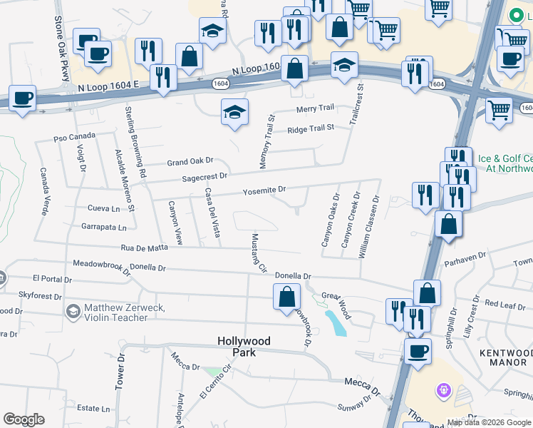 map of restaurants, bars, coffee shops, grocery stores, and more near 332 Mustang Circle in San Antonio