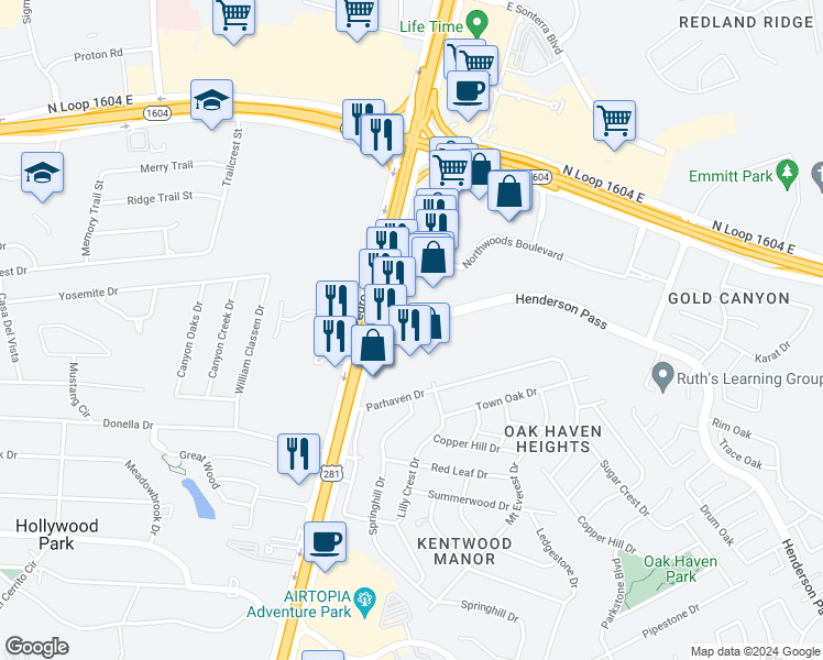 map of restaurants, bars, coffee shops, grocery stores, and more near 17750 U.S. 281 in San Antonio