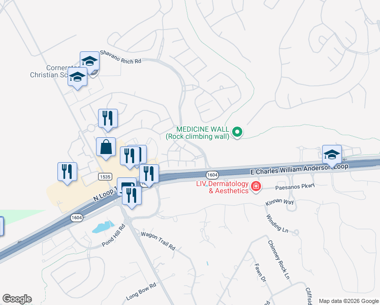 map of restaurants, bars, coffee shops, grocery stores, and more near 17239 Shavano Ranch in San Antonio
