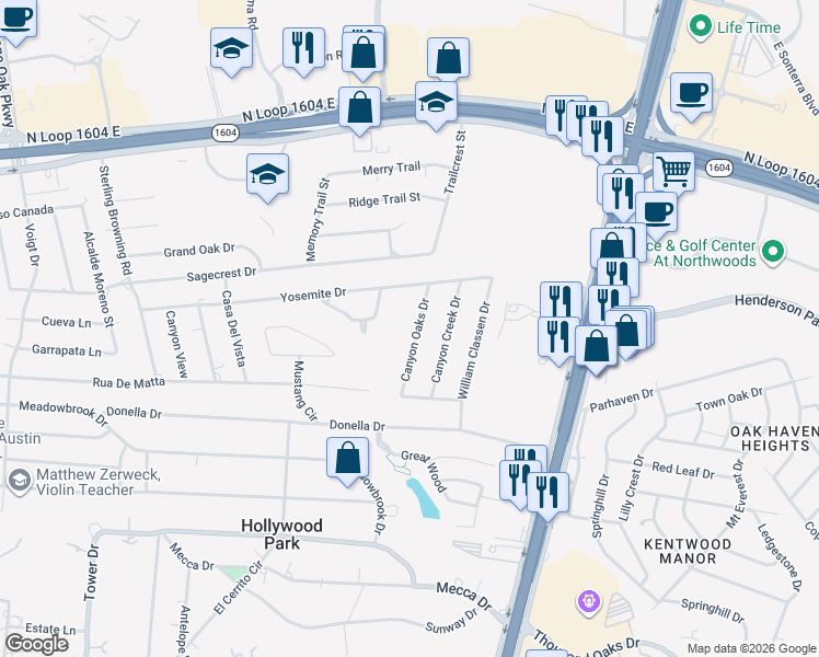 map of restaurants, bars, coffee shops, grocery stores, and more near 123 Canyon Oaks Drive in San Antonio
