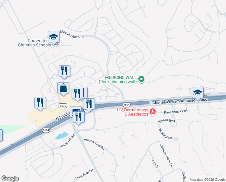 map of restaurants, bars, coffee shops, grocery stores, and more near 17239 Shavano Ranch in San Antonio