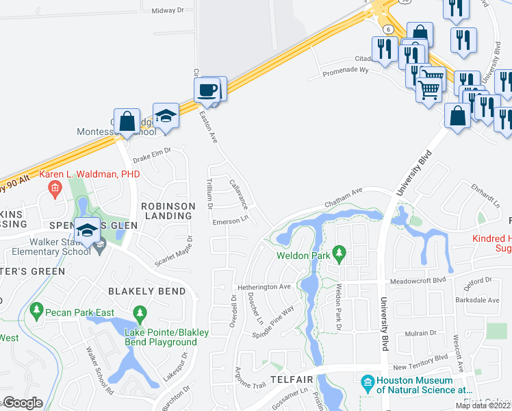 map of restaurants, bars, coffee shops, grocery stores, and more near Brampton Avenue in Sugar Land