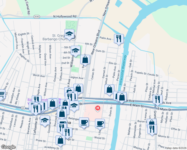 map of restaurants, bars, coffee shops, grocery stores, and more near 202-398 Cenac St in Houma