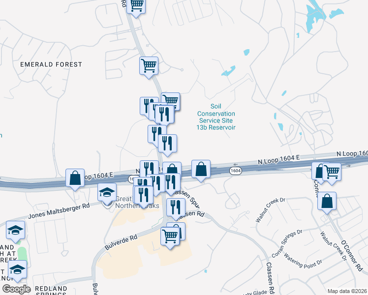 map of restaurants, bars, coffee shops, grocery stores, and more near 3920 North Loop 1604 East in San Antonio