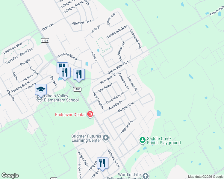map of restaurants, bars, coffee shops, grocery stores, and more near 213 Kensington Drive in Cibolo