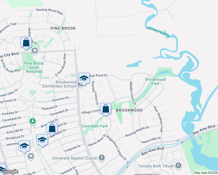 map of restaurants, bars, coffee shops, grocery stores, and more near 16627 Palisades Point Drive in Houston