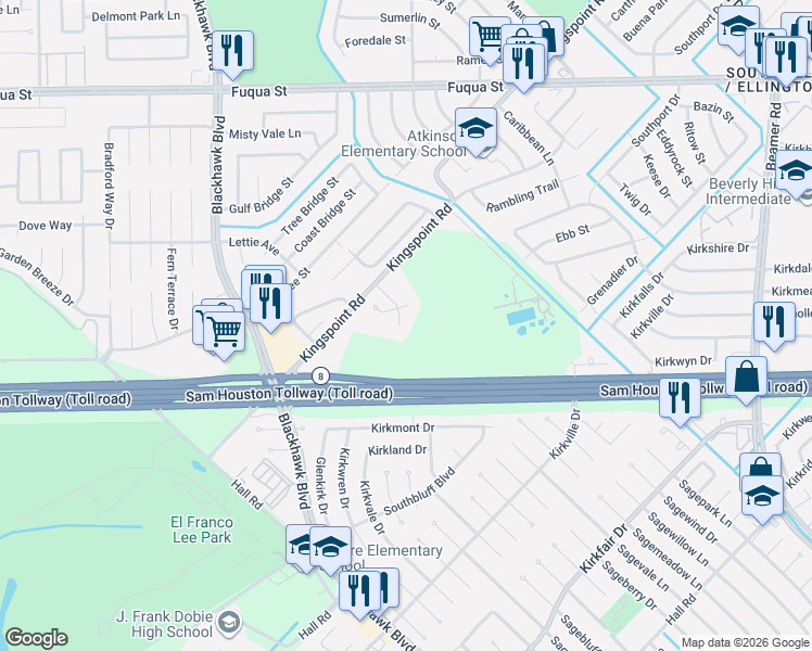 map of restaurants, bars, coffee shops, grocery stores, and more near 11239 Valley Kings Drive in Houston