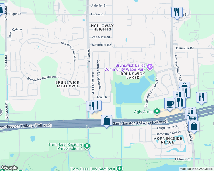 map of restaurants, bars, coffee shops, grocery stores, and more near 14406 Merganser Drive in Houston