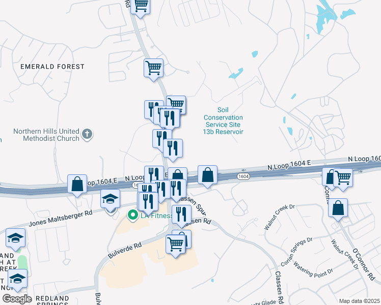 map of restaurants, bars, coffee shops, grocery stores, and more near 3920 North Loop 1604 East in San Antonio