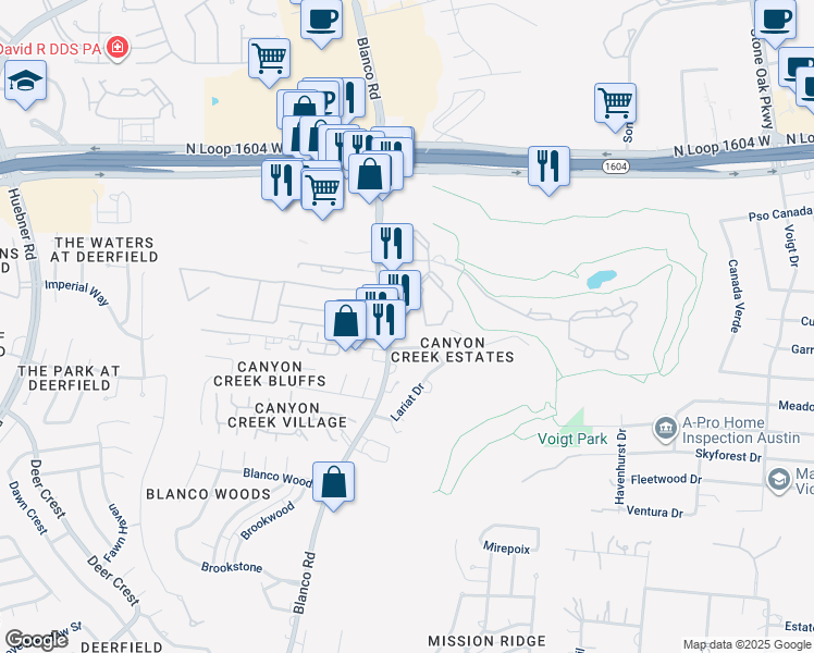 map of restaurants, bars, coffee shops, grocery stores, and more near 101 Country Club Lane in San Antonio