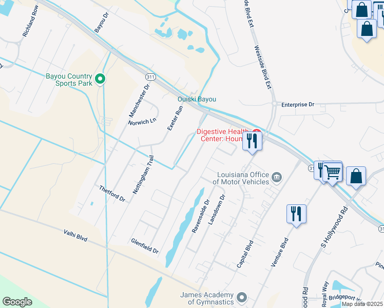 map of restaurants, bars, coffee shops, grocery stores, and more near 201-287 Brighton Loop in Houma