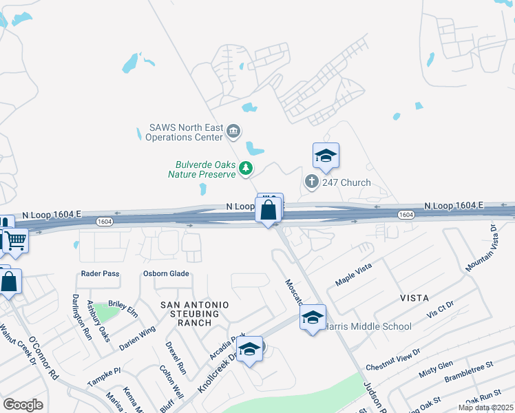 map of restaurants, bars, coffee shops, grocery stores, and more near 17593 Judson Road in San Antonio