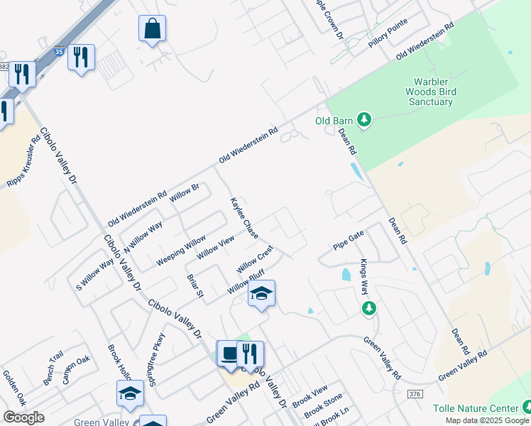 map of restaurants, bars, coffee shops, grocery stores, and more near 352 Willow View in Cibolo