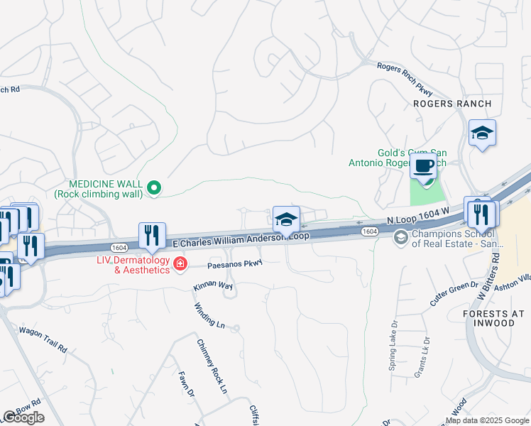 map of restaurants, bars, coffee shops, grocery stores, and more near 3231 Texas 1604 Loop in Shavano Park
