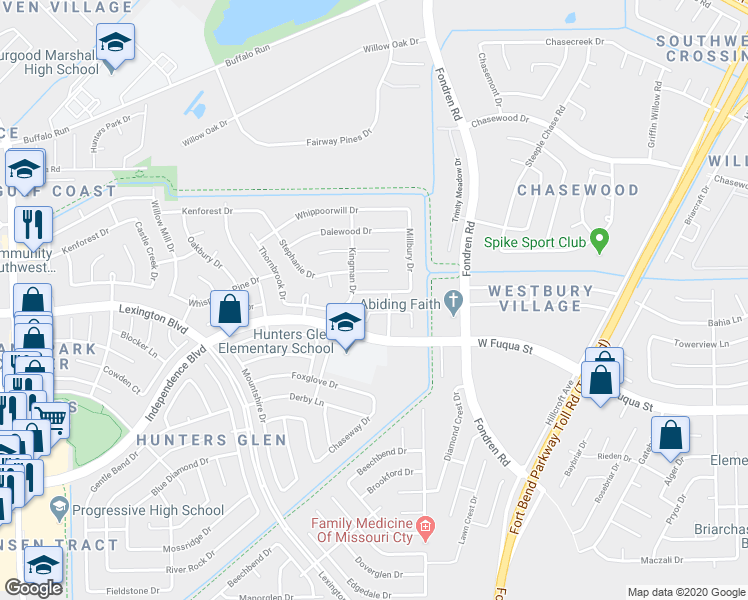map of restaurants, bars, coffee shops, grocery stores, and more near 535 Reecewood Lane in Missouri City