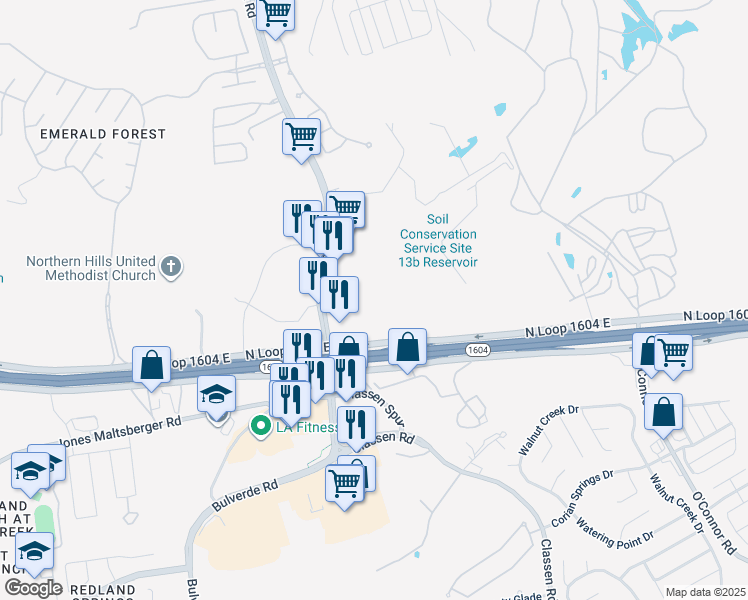 map of restaurants, bars, coffee shops, grocery stores, and more near 3920 North Loop 1604 East in San Antonio