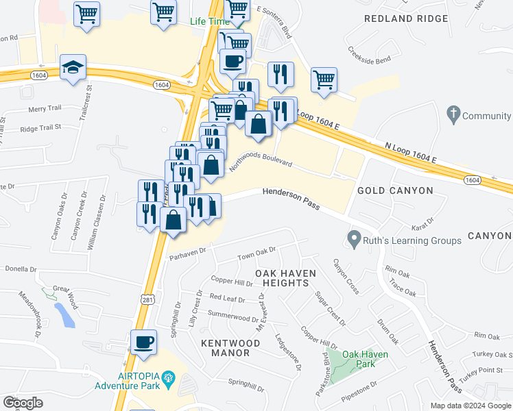 map of restaurants, bars, coffee shops, grocery stores, and more near 17655 Henderson Pass in San Antonio