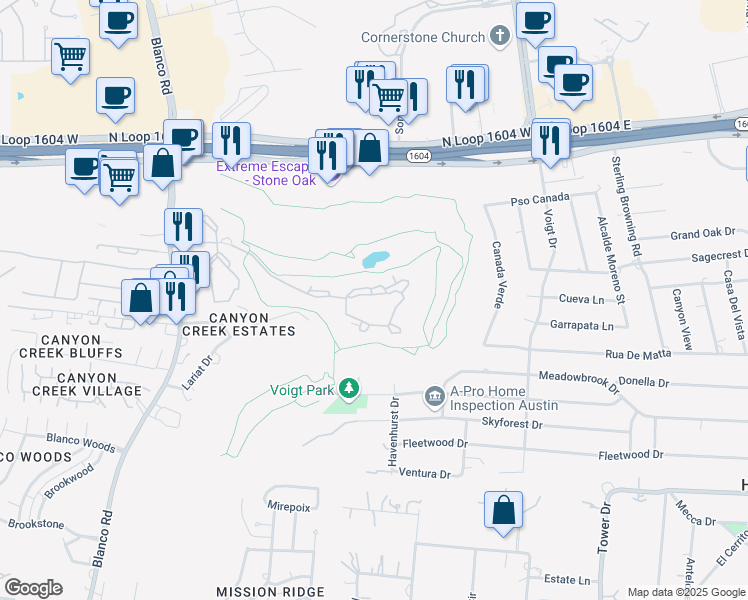 map of restaurants, bars, coffee shops, grocery stores, and more near 130 Talavera Parkway in San Antonio